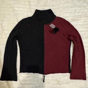 Animale Zip Up Sweater L Color Block Silk Blend Mock Neck Flower Pin Bell Sleeve